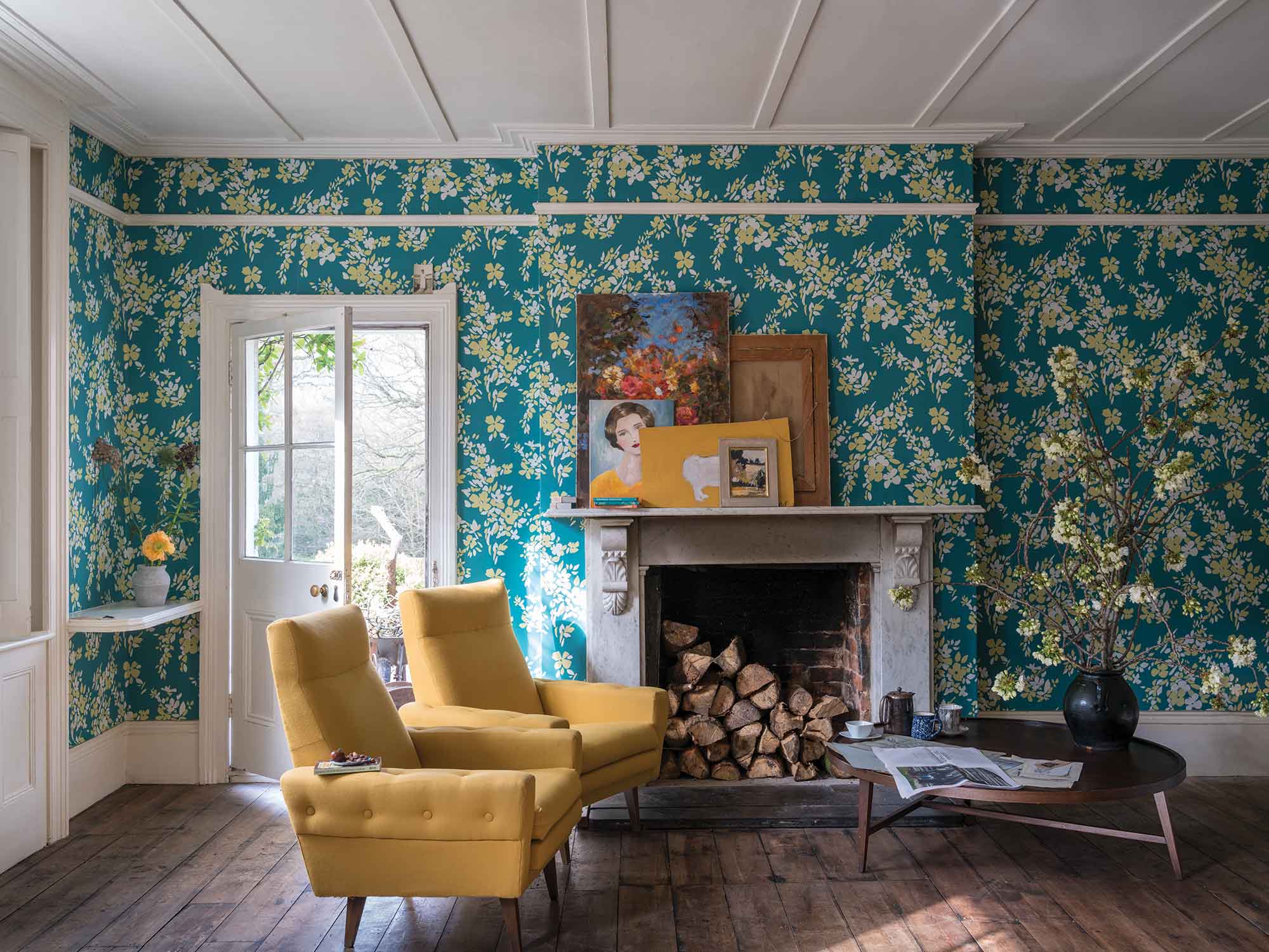 Papier peint fleuri bleu canard